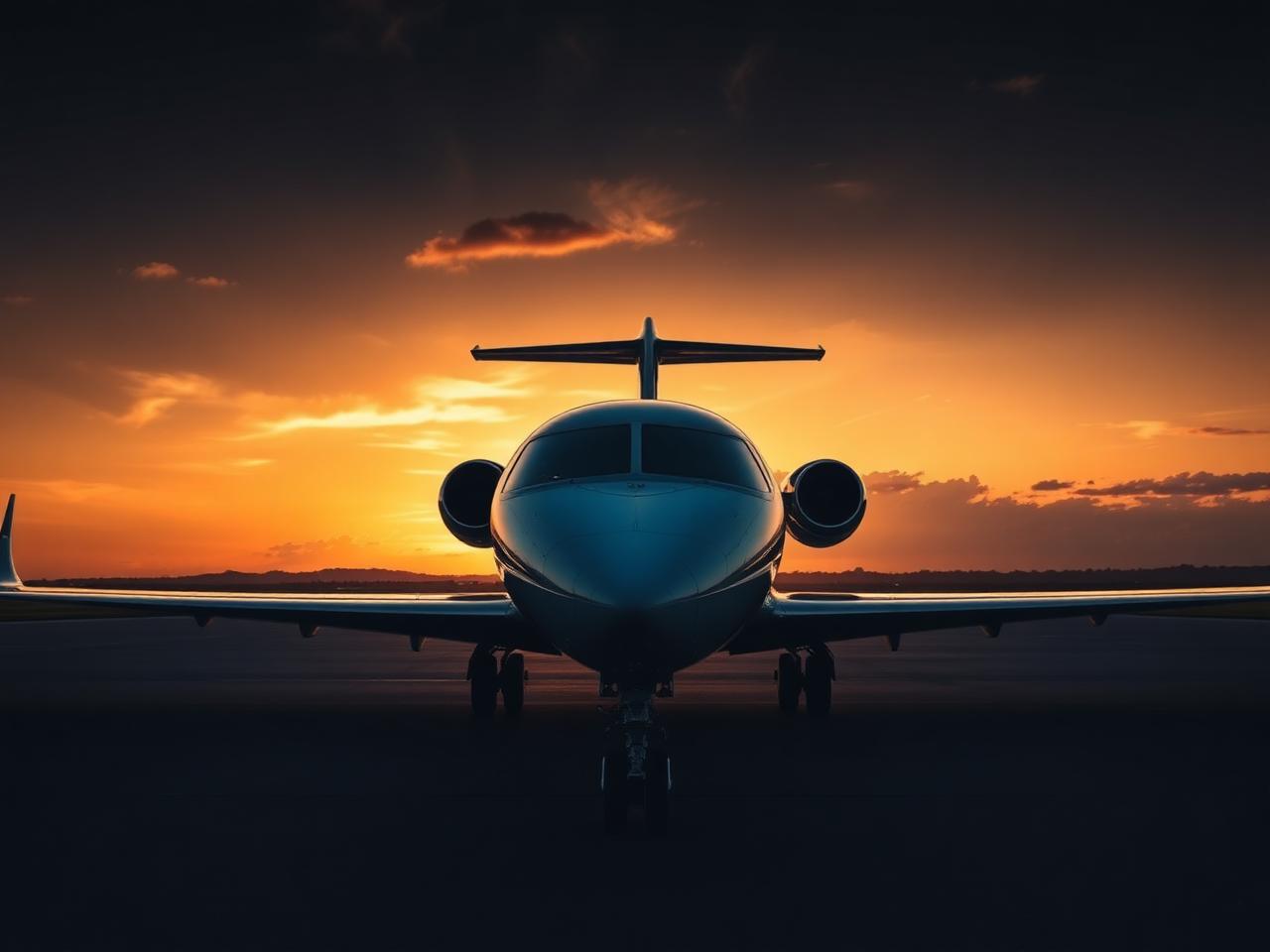 Private jet at sunset